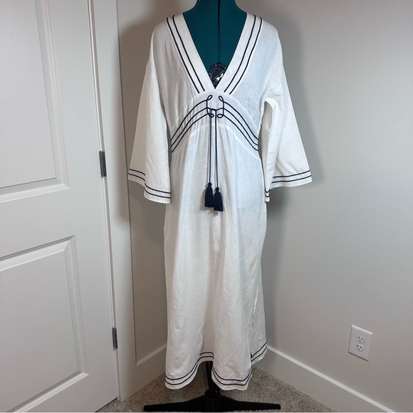 Vita Grace Dresses & Skirts - White Maxi Dress with Navy Trim and Tassel Tie